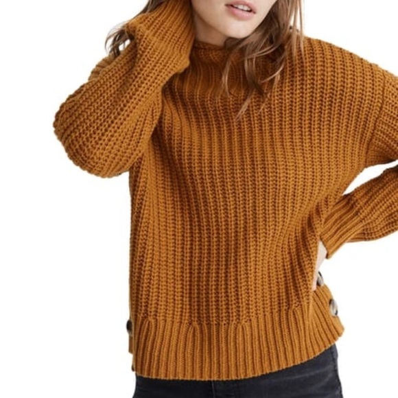 Madewell Chunky Knit Mockneck Wool Cotton Blend Button-Detail Small Sweater - Picture 1 of 7